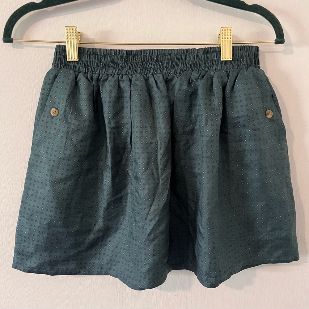 Lux 100% Silk Mini Skirt Emerald Green Print Elastic Waist Size XS